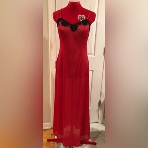 Vtg UndercoverWear Red Satin Nightgown Slip Dress With Black Lace